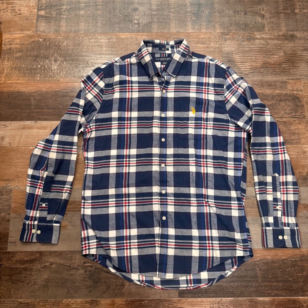 US Polo Assn Mens Large Blue Plaid Stretch Long Sleeve Button Down Shirt Logo